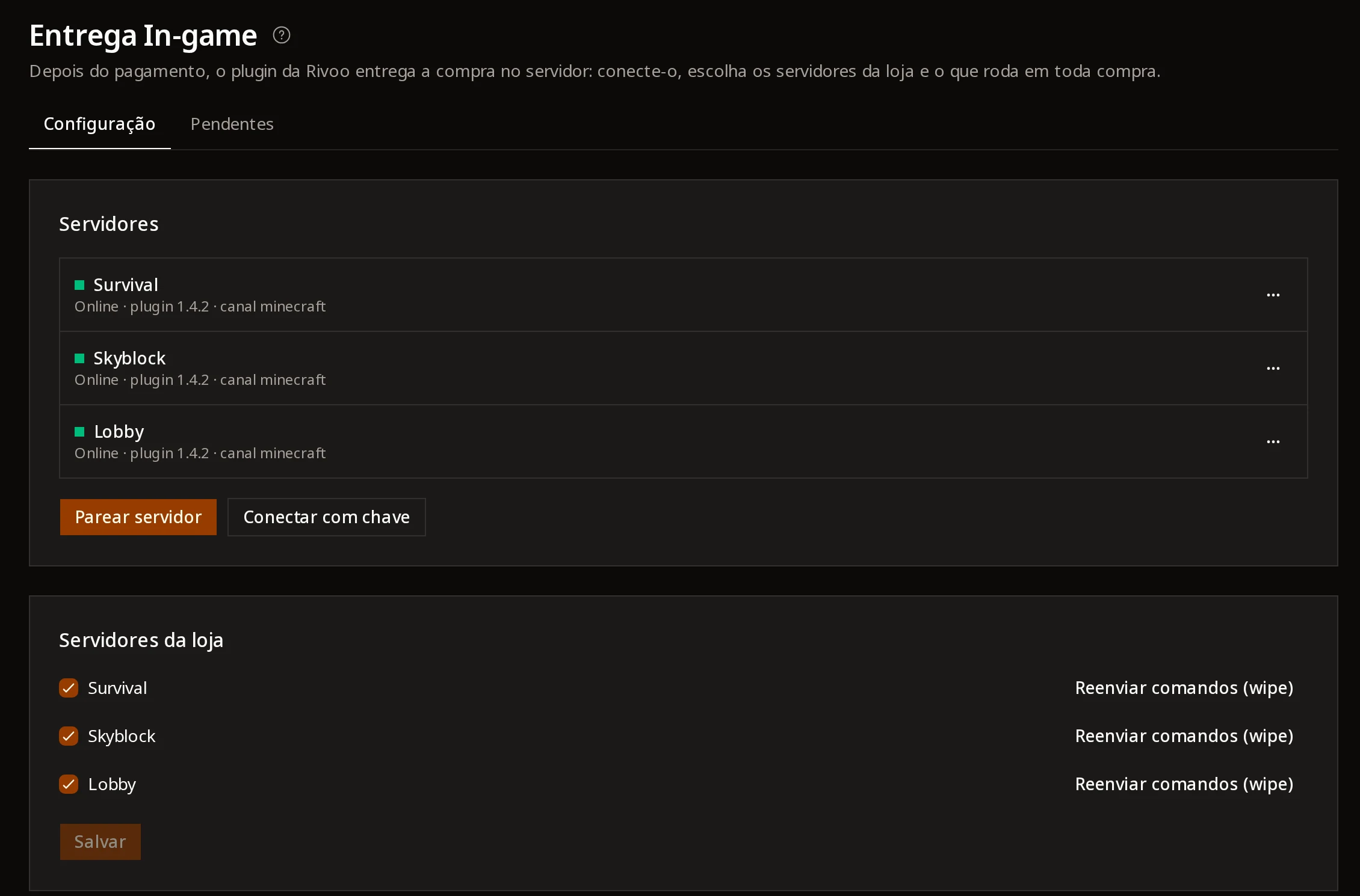 Painel da Rivoo com os servidores conectados para a entrega no jogo