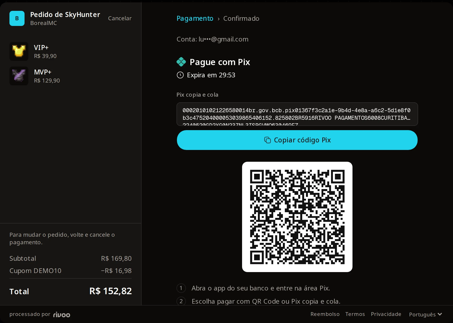Checkout da Rivoo com o QR Code do Pix