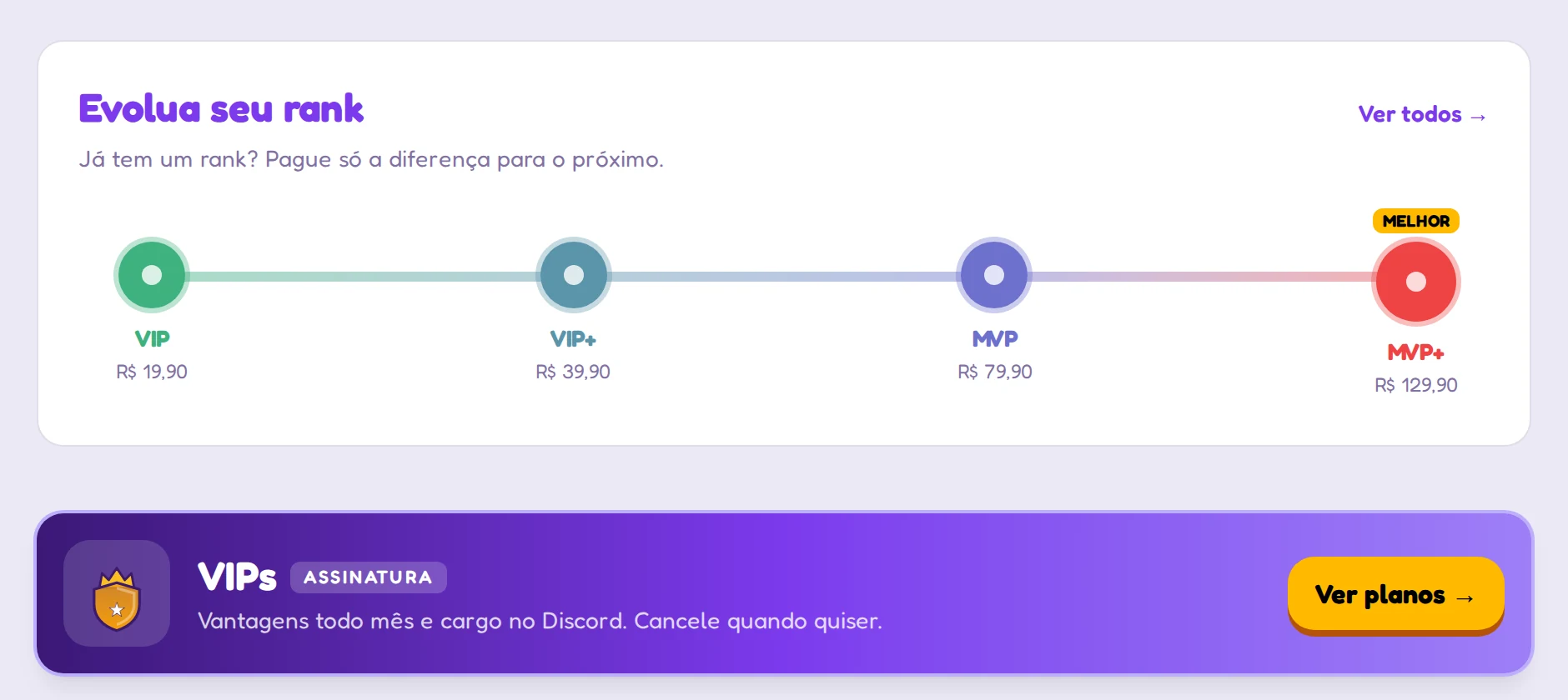 Upgrade de rank e assinatura de VIP numa loja feita na Rivoo